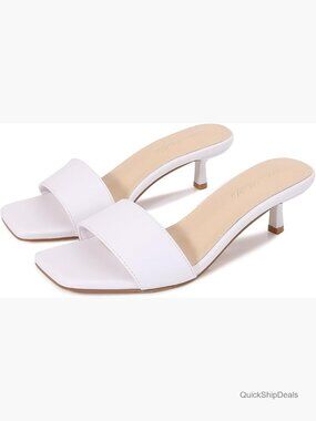 White Pu Kitten Heels Sandals Square Open Toe Slip-On Mules